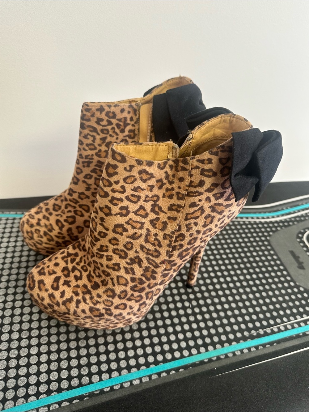 Leopard Print Platform Ankle Booties with Black Bow